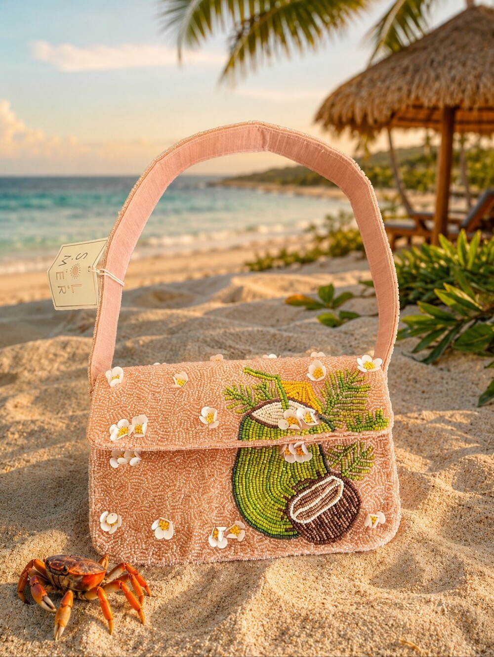 NEW Beaded And Sequin Dusty Pink Floral Coconut Drink Shoulder Bag GORGEOUS BAG